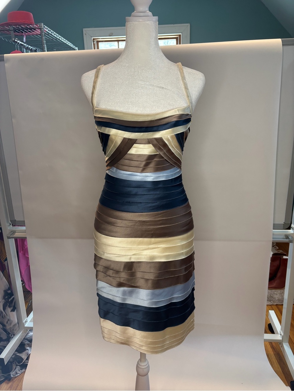 BCBG Striped Satin Bandage Mini Dress in Navy, Brown & Cream